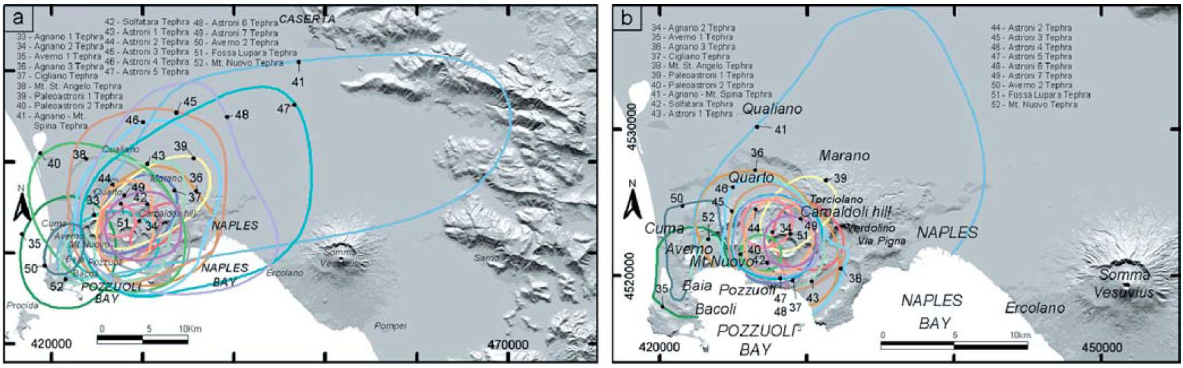 Distribuzione dei prodotti da caduta (a sinistra) e da corrente piroclastica (a destra) delle eruzioni avvenute ai Campi Flegrei negli ultimi 5000 anni